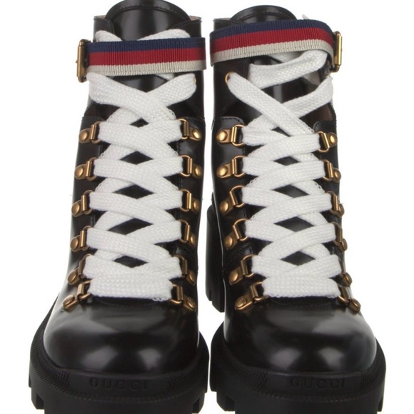 NWT Gucci Women's Black Combat Lace-Up Boots with Gold Accents US 5 EU 35 - Picture 2 of 5